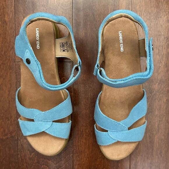 Lands' End Blue Leather Wedge Comfort Sandals, Perfect for Summer, Size 10 - Picture 2 of 13
